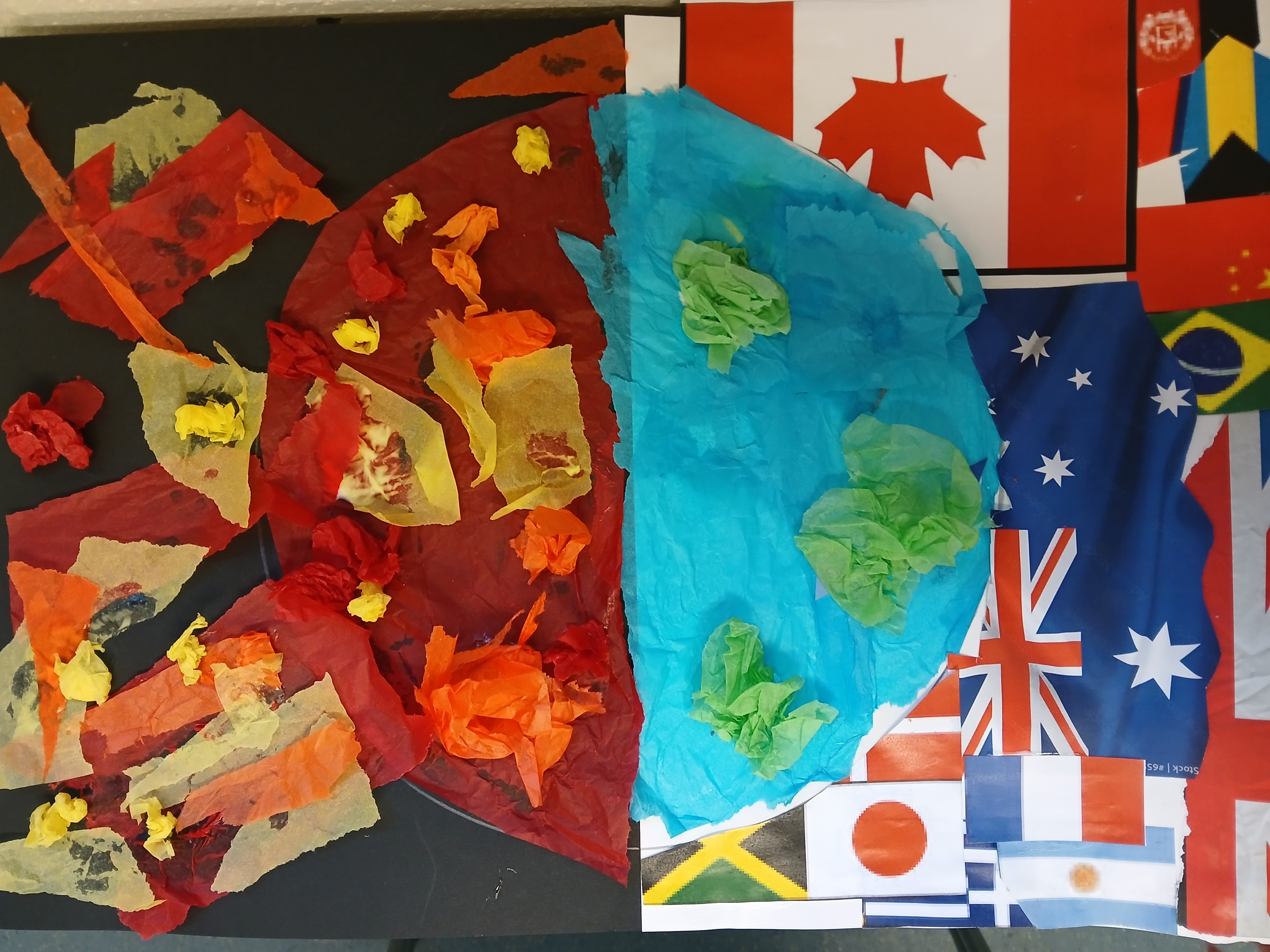 Collage on canvas using tissue paper and flags of the world