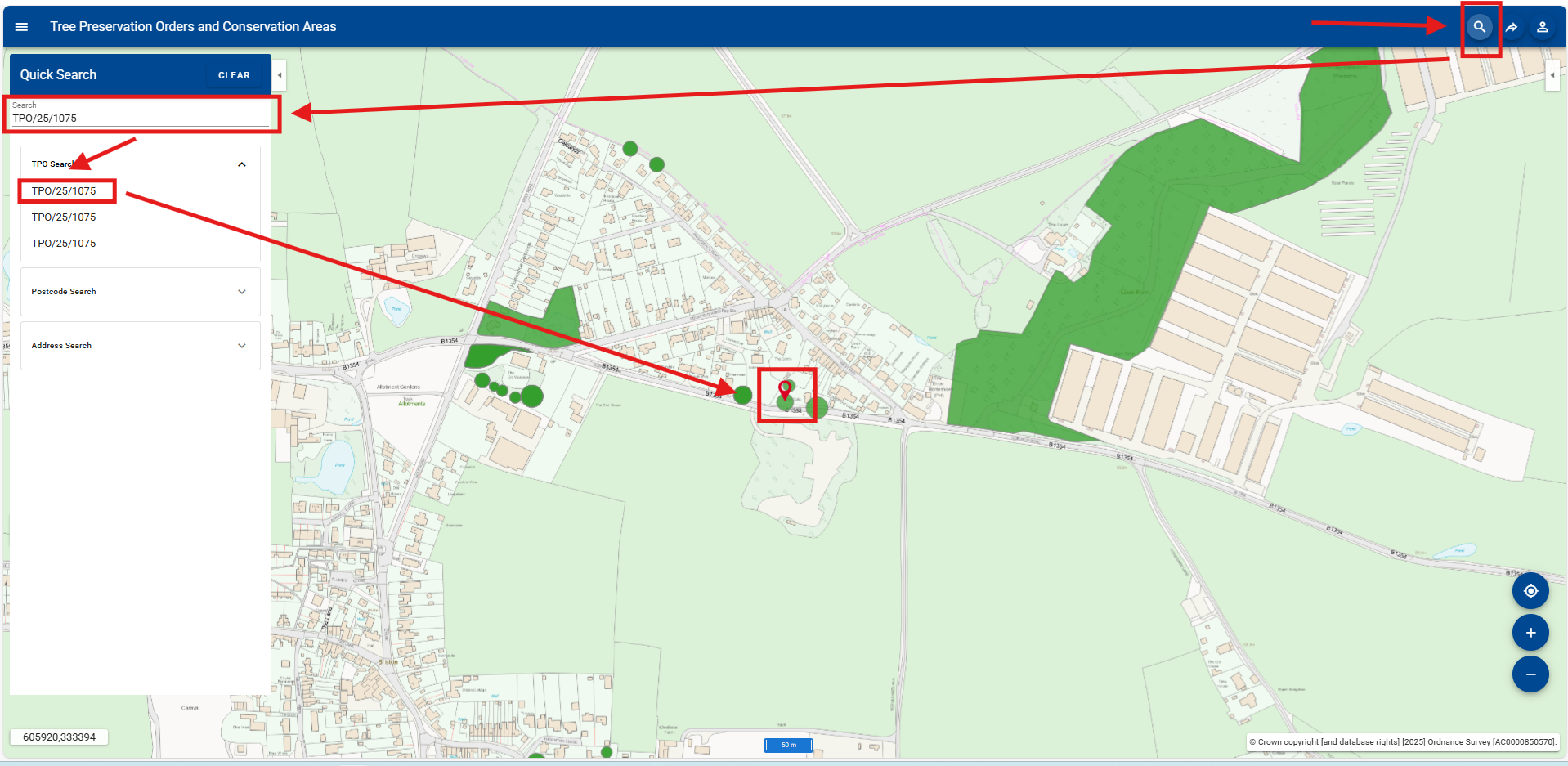 A webmap with highlights for the referenced features
