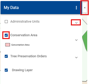 Showing where to find the conservation area dropdown on the online map